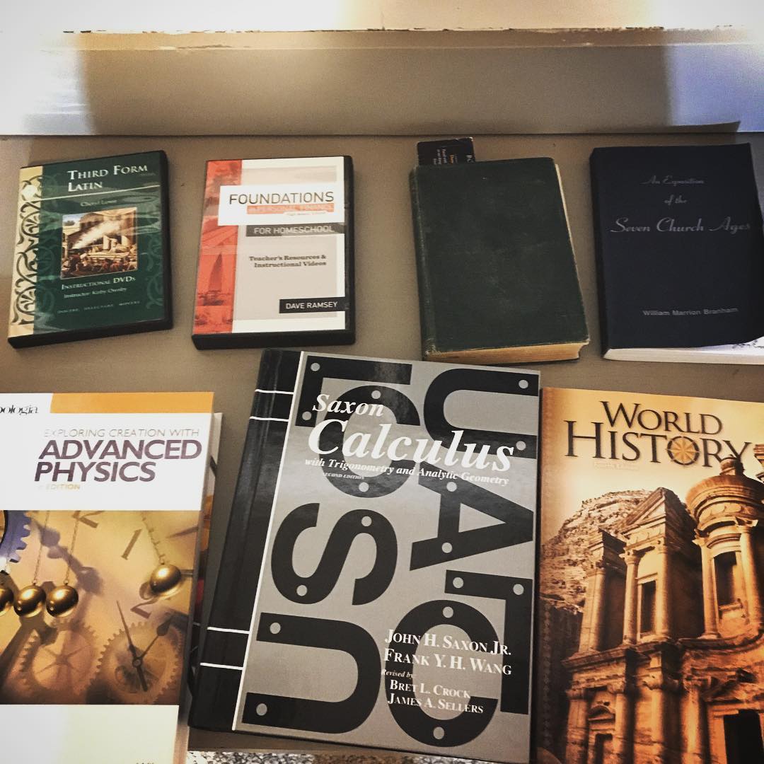 Zion’s 11th grade books. Most of them anyway. Prince of the House of David is the old looking one. A nice healthy course load. #Homeschool #YouCanDoItToo – Trevor